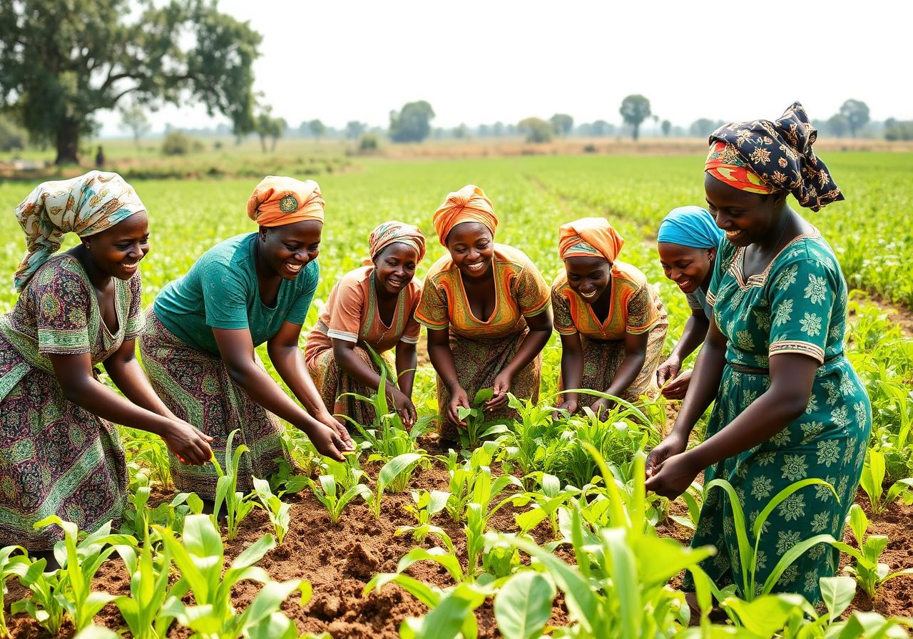 Group of Nigerian women farmers tending to crops together