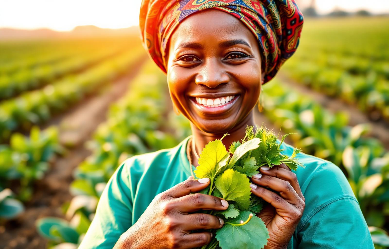 Smiling Nigerian woman farmer holding fresh greens in a sunlit field